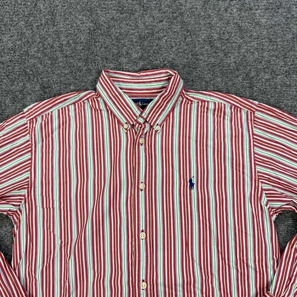 VTG Ralph Lauren Shirt Boys L (16/18) Red Striped Long Sleeve Button Down Logo